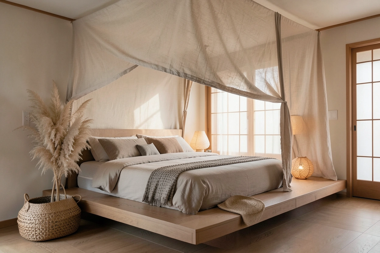 Chambre parentale japandi, lin et plantes