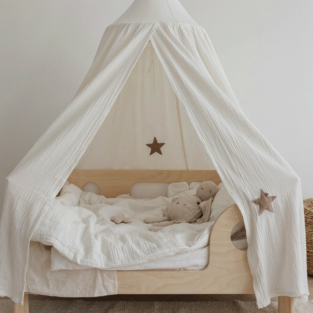 Voile Câlin en gaze double crème au-dessus d'un lit à barreaux