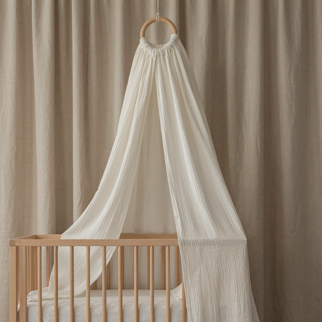 Ciel de lit Voile Nuage en mousseline crème au-dessus d'un berceau en bois clair