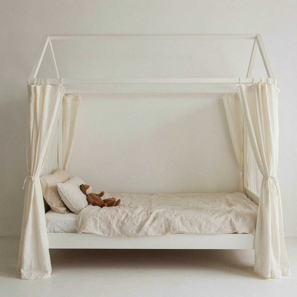 Baldaquin rectangulaire en mousseline au-dessus d'un lit enfant 90