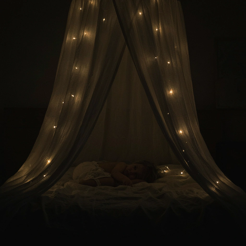 Ciel de lit enfant illuminé de petites lumières chaudes dans un voile blanc